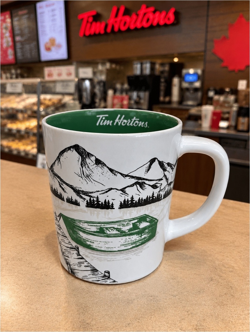 Tim Hortons Scenic Mountain Lake Ceramic Coffee Mug White Green Interior